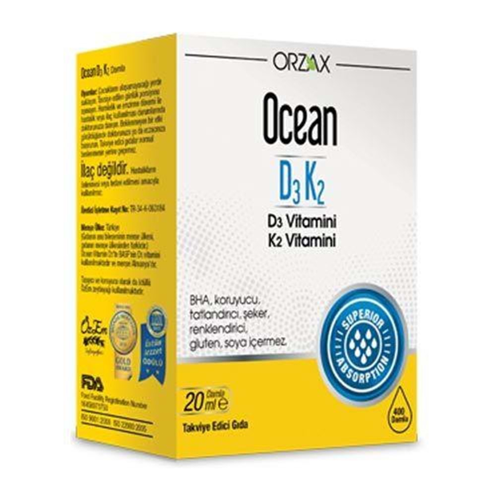 Ocean D3K2 Damaklı (Menaquinone -7) İçeren Takviye Edici Gıda 20ml Şişe