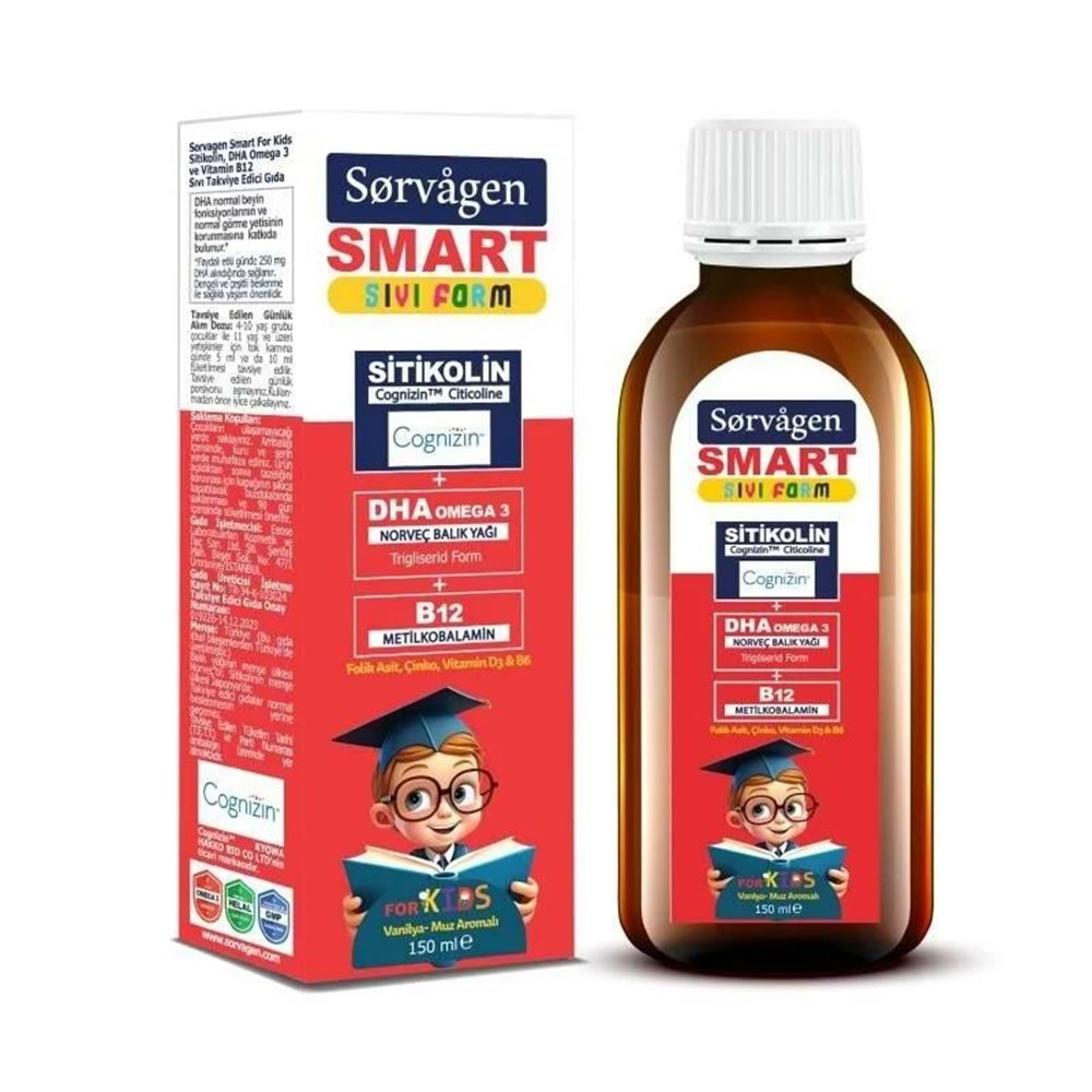 Sorvagen Smart Kids Sıvı Form Sitikolin Dha Omega 3 Norveç Balık Yağı ve B12 150 ml