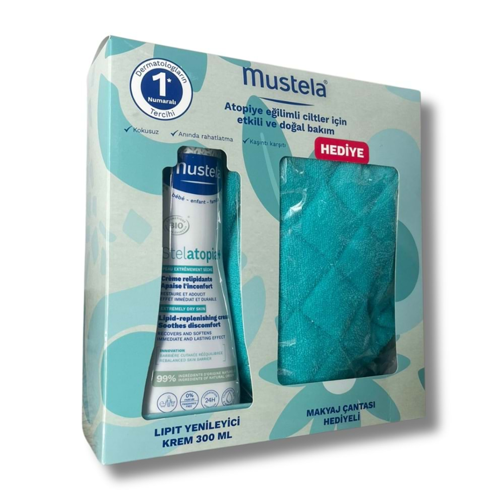 Mustela Stelatopia Lipit Yenileyici Krem Pompalı Şişe 300 ml + Makyaj Çantası Hediyeli