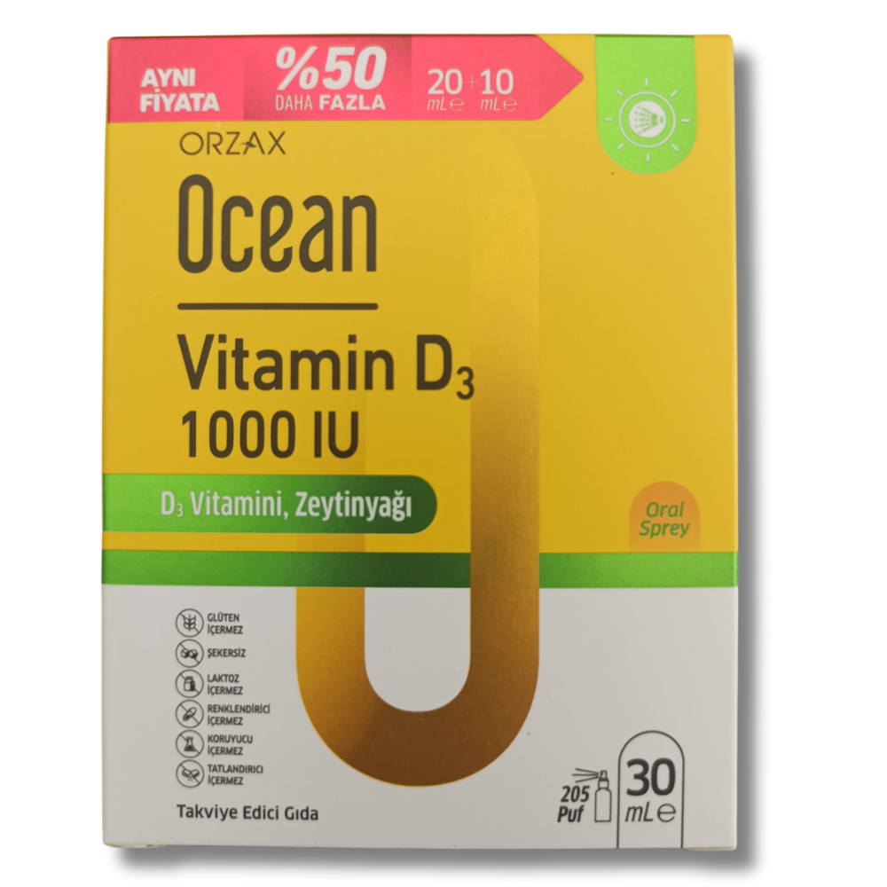 Ocean Vitamin D3 Sprey 1000 IU 20 ml + 10 ml - %50 Daha Fazla