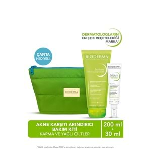 Bioderma Sebium Foaming Gel Actif 200 ml + Sebium Kerato Gel Cream 30 ml - Yeşil Makyaj Çantası Hediyeli