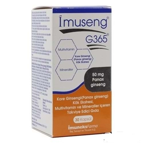 İmuseng 365 Kore Ginseng i (Panax Ginseng ) Kök ekstresi, Multivitamin ve Mineraller İçeren Takviye Edici Gıda 30 Kapsül