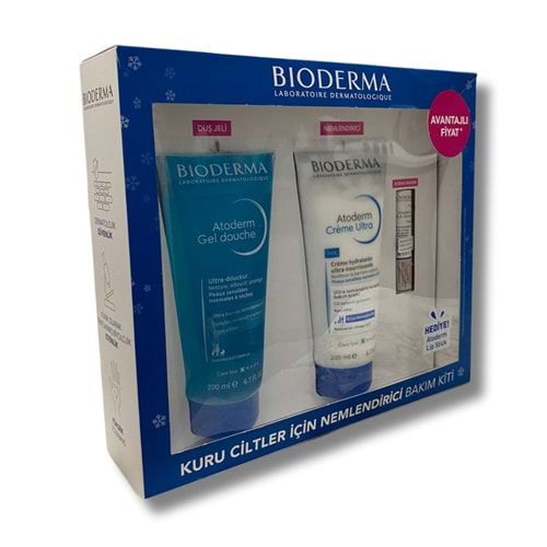 Bioderma Atoderm Kuru Ciltler İçin Nemlendirici Bakım Kiti - Duş Jeli 200 ml + Nemlendirici 200 ml + Dudak Bakım 4 gr Kofre