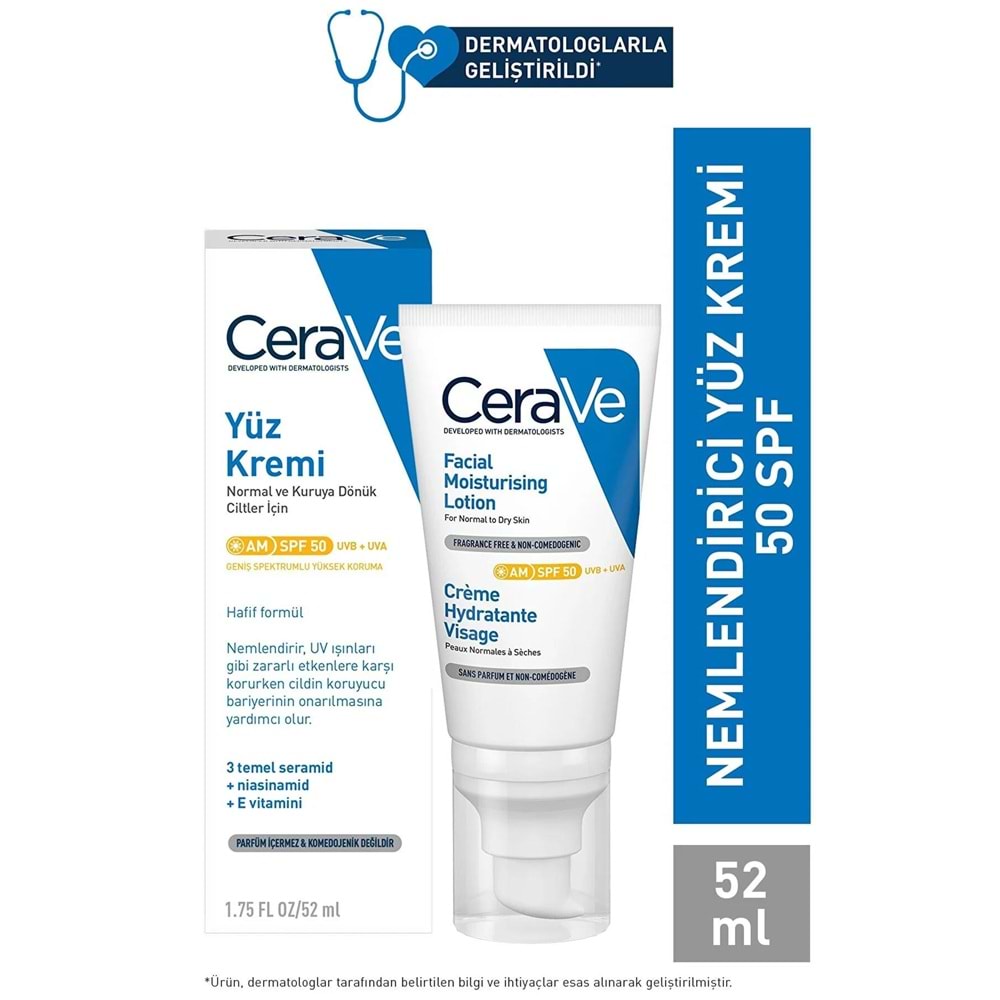 Cerave Yüz Nemlendirici Krem Normal ve Kuruya Dönük Ciltler İçin SPF50 52 ml