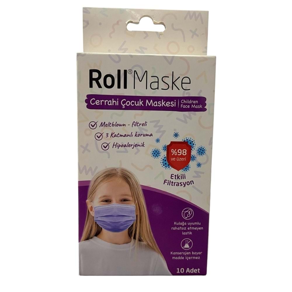 Roll 3 Katlı Kız Çocuk Mor Cerrahi Maske Telli 10'lu
