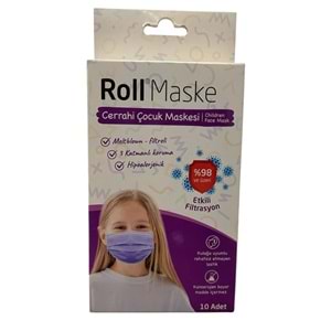 Roll 3 Katlı Kız Çocuk Mor Cerrahi Maske Telli 10'lu