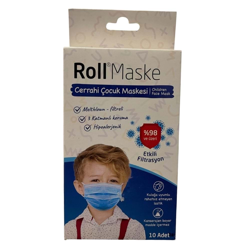 Roll 3 Katlı Mavi Erkek Çocuk Cerrahi Maske Telli 10'lu